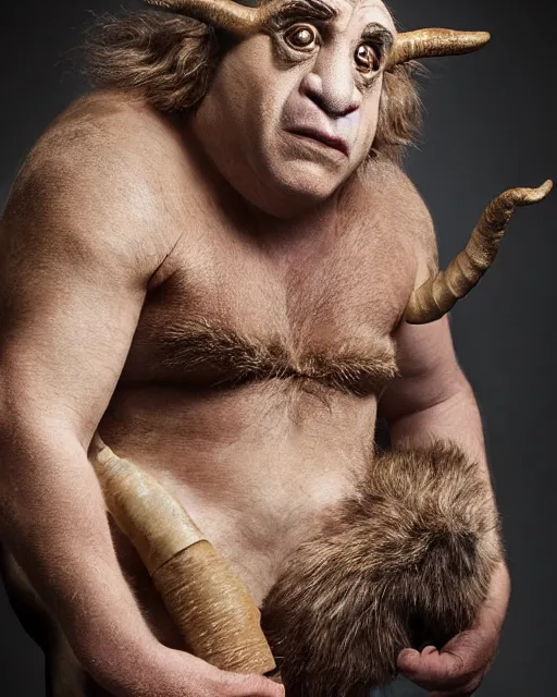 Prompt: actor Danny Devito in Elaborate Pan Satyr Goat Man Makeup as the character Phil for Disney’s Live Action Hercules movie, prosthetics designed by Rick Baker, Hyperreal, Head Shots Photographed in the Style of Annie Leibovitz, Studio Lighting