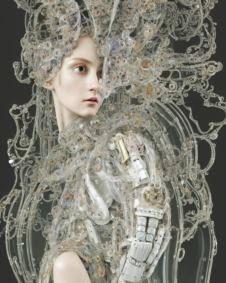 Image similar to beautiful cybernetic baroque robot + beautiful baroque porcelain face + body is clear plastic, inside organic robotic tubes and parts + wearing translucent baroque rain - jacket + symmetrical composition + intricate details, hyperrealism, wet, reflections + by alfonse mucha and moebius, no blur dof bokeh