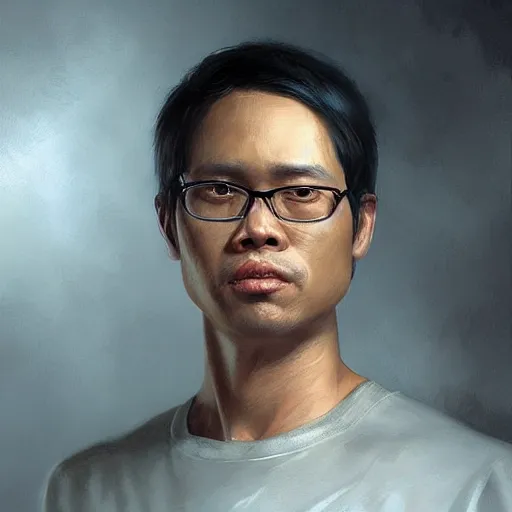 Image similar to hyper realistic, portrait of filipino ( dwight shrute ), painted by greg rutkowski, wlop, loish,