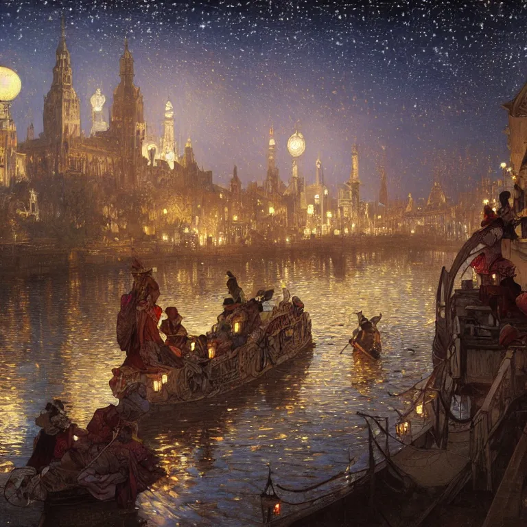 Prompt: a beautiful painting of the view from the river of the lantern festival in ancient london, at night with a sky full of stars, intricate, elegant, highly detailed, digital painting, artstation, concept art, by krenz cushart and artem demura and alphonse mucha