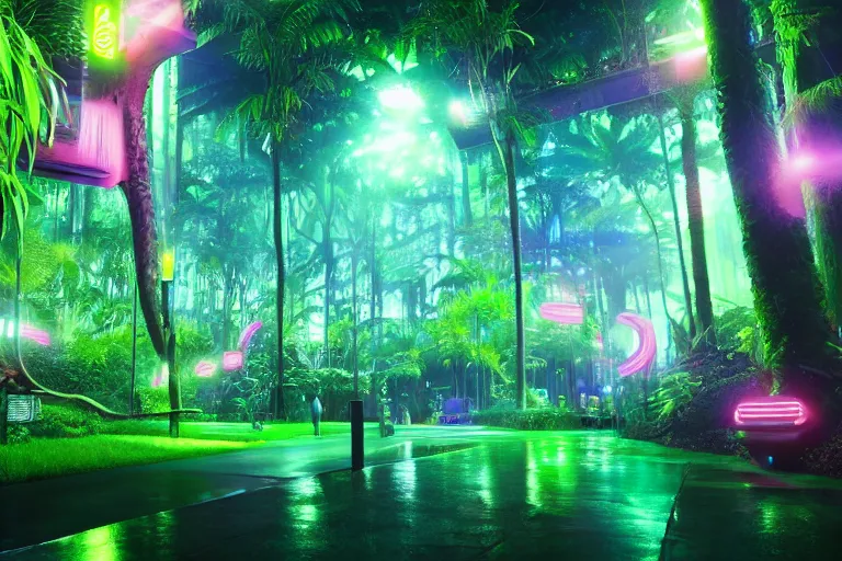 Image similar to neon rainforest, detailed render, hyperrealistic, cgsociety, artstation, 4k