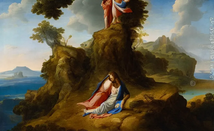 Image similar to jesus and mary magdalene standing on a cliff looking over a beautiful landscape, paradise, arcadia