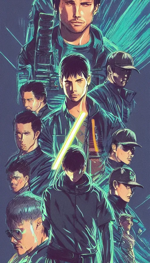 Prompt: Anime boy Green Shirt Brown Belt Brown Hair Blue Eyes Katana. Blade Runner 2049. concept art by James Gurney and Mœbius.