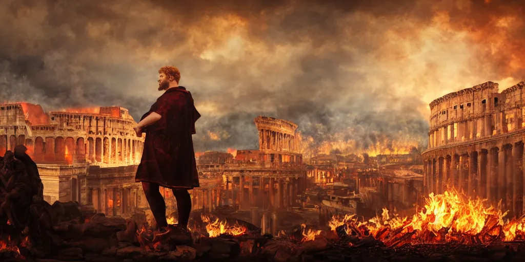 Image similar to Painting of Emperor Nero watching the great fire of rome, abstract, realism, 8k, detailed, terror, octane render, 3d render, complex emotion, glow