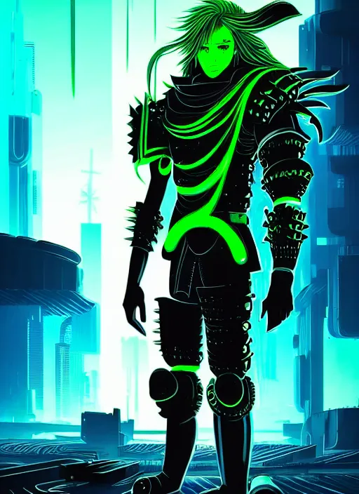 Image similar to a striking cinematic full body manga portrait of a male warrior with long blonde hair and blue eyes wearing evil green spiked cyberpunk armour and standing in the desolate burning ruins of a futuristic city by hirohiko araki and beeple, fine details, digital art, character concept art, volumetric lighting, cinematic light, photorealistic