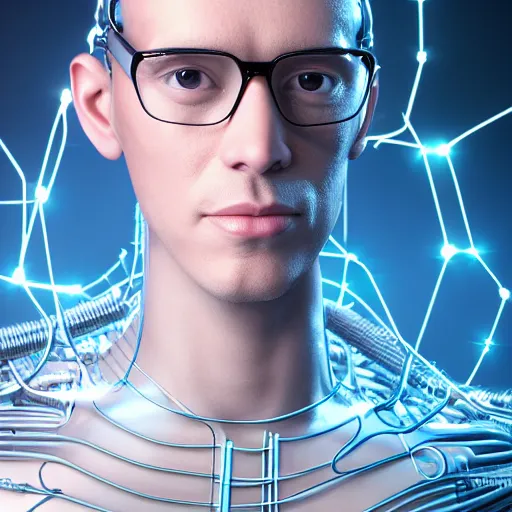 Prompt: a beautiful photoshoot of cybernetic male, wearing glasses, full body shot, with epic bionic cyborg implants, wires, tubes, biomechanical details, liquid, prismatic highlights, depth of field, cinematic, macro, concept art, 5 0 mm, artstation, digital painting, elegant, focus, octane render, ray tracing, by h. r. giger