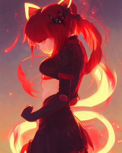 Image similar to beautiful anime girl with cat ears, lake, red, flames everywhere, highly detailed, digital painting, artstation, concept art, smooth, sharp focus, illustration, art by artgerm and greg rutkowski and alphonse mucha