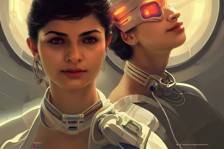 Image similar to Sensual beautiful female Aryan young Indian doctors wearing Deus Ex Human Revolution clothing in a space station above Earth, portrait, elegant, intricate, digital painting, artstation, concept art, smooth, sharp focus, illustration, art by artgerm and greg rutkowski and alphonse mucha