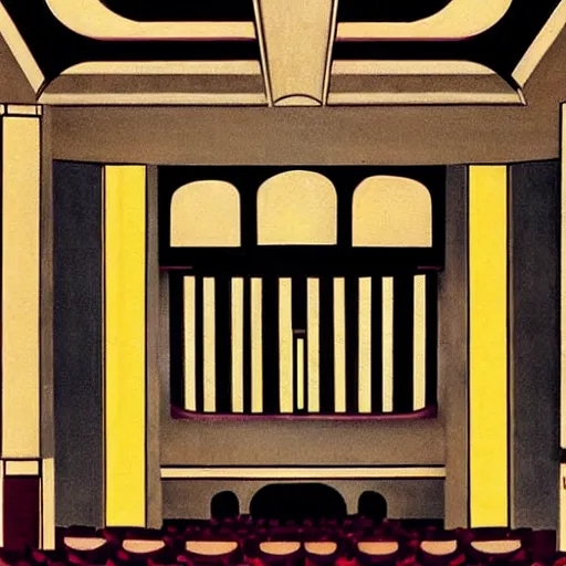 Image similar to art deco movie theater palace, dramatic light, painting by charles sheeler