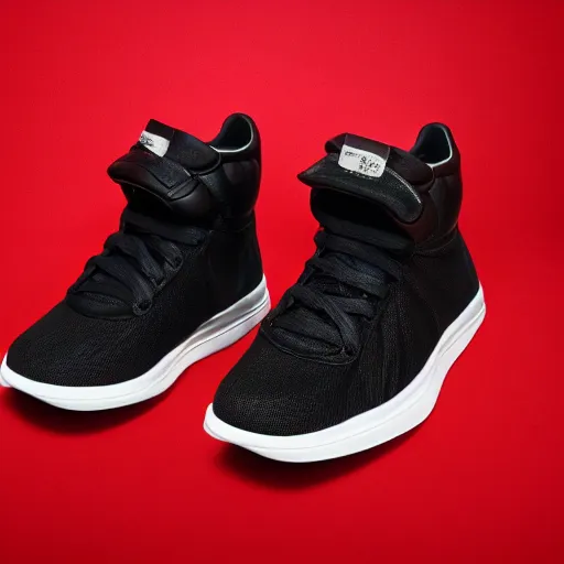 Image similar to a pair of sneakers based off of christmas, award winning product photography, studio lighting, black background,
