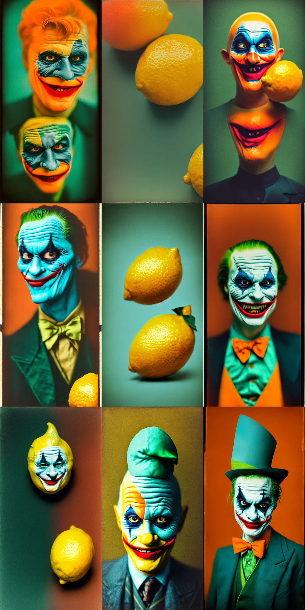 Prompt: kodak portra 4 0 0, wetplate, 8 k, shot of a highly detailed, britt marling style, colour still - life portrait of a lemon looks like 1 9 9 9 joker, motion blur, teal and orange, muted coloures