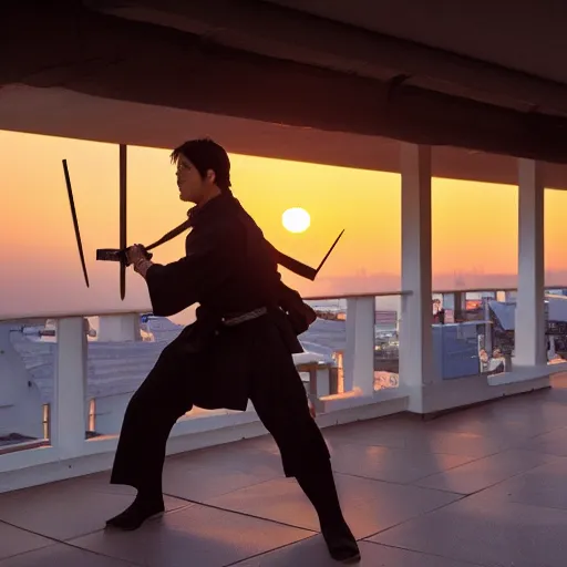 Image similar to a samouraï facing the sunset on a rooftop