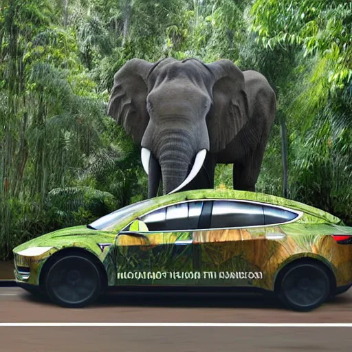 Image similar to elon musk as an elephant, rainforest, tesla, rain, thunder, trees, foliage