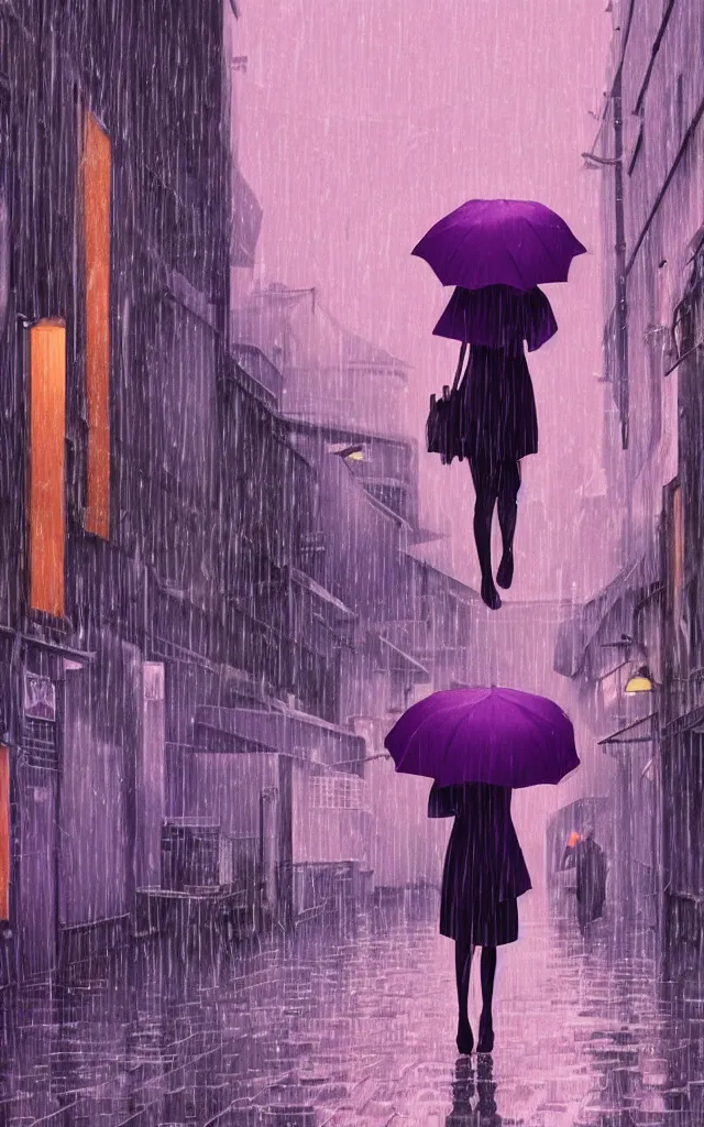 Image similar to a woman holding a purple umbrella walking on the wet street on a rainy night in a kyoto alley way by makoto shinkai and by wes anderson. dramatic lighting. cel shading.