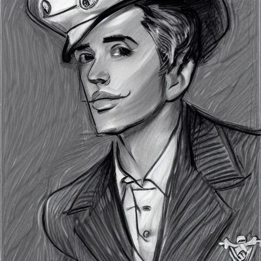 Image similar to a seafairing gay french man with a snooty smug smile, sailor's uniform, twink, charcoal drawing, black and white, ink and paper, portrait, trending on artstation, behance, deviantart, drawn by tom lovell, artgerm, jsc, j. scott campbell