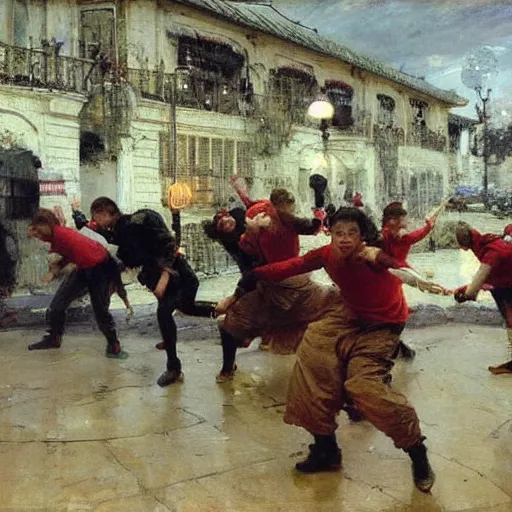 Image similar to a group of teenage boys doing TikTok dances. Ilya Repin and Ruan Jia.