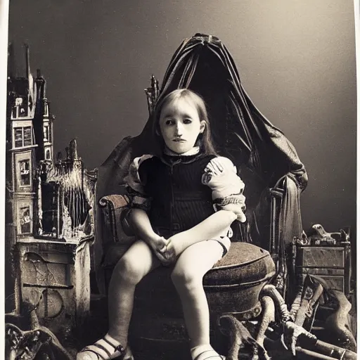 Prompt: a photo of young sad victorian gothic child with big eyes and wide grin sitting on a sofa of bones surrounded by a cyber futuristic cityscape made of human body parts, color, 5 0 mm, award winning photography