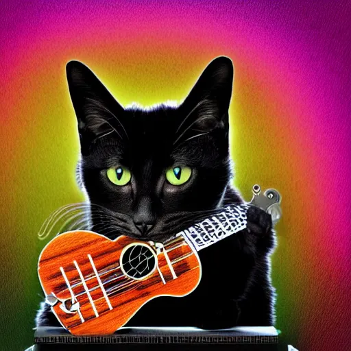 Prompt: variations of Schrodinger's cat playing the ukelele, many-worlds interpretation of quantum reality, digital art,