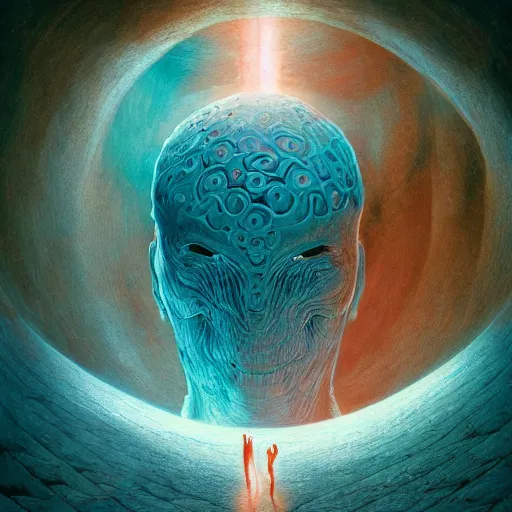 Image similar to humanoid walking through a wormwhole, Petros Afshar and Wayne Barlowe