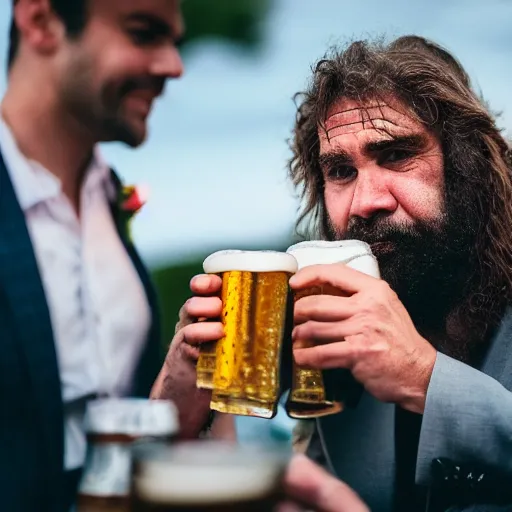 Image similar to caveman drinking beer at a wedding in real life, realistic, hyper realistic, 8 k, 4 k uhd, great detail, detailed, intricate detail