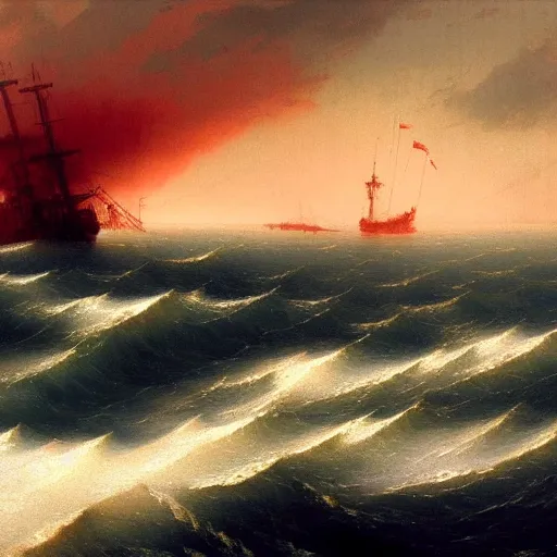 Image similar to bloody ocean, rusted iron ship sinking in red blood ocean, by Ivan Aivazovsky, junji ito, hd 8k