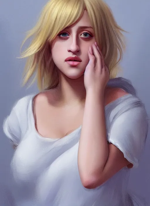 Image similar to full body portrait, teenage lili reinhart, blonde hair, obese, bangs, ponytail, sultry, realistic, sultry, fluffy bangs, shirt, curly bangs, fat, belly, intricate, elegant, highly detailed, digital painting, artstation, concept art, smooth, sharp focus, illustration, art by wlop, mars ravelo and greg rutkowski