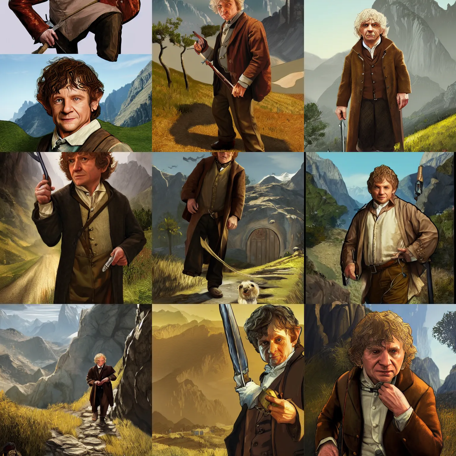 Prompt: Bilbo Baggins in GTA V, cover art by Stephen Bliss, artstation, no text