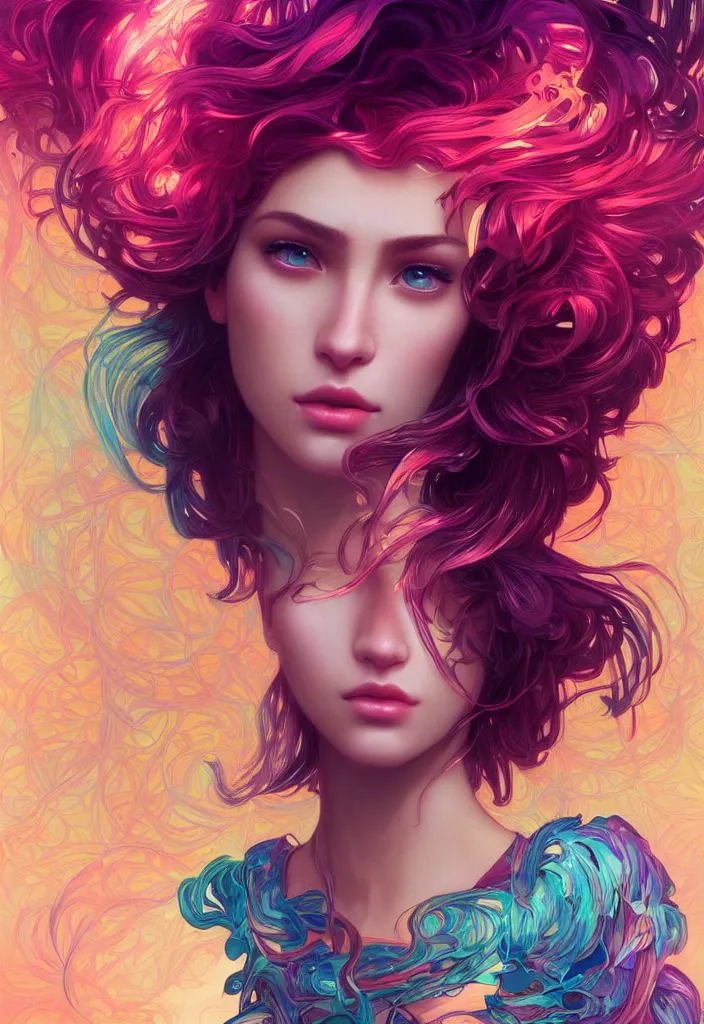 Image similar to beautiful, young woman, detailed gorgeous face, vaporwave aesthetic, synthwave, colorful, psychedelic, artstation, concept art, smooth, extremely sharp detail, finely tuned detail, ultra high definition, 8 k, unreal engine 5, ultra sharp focus, illustration, art by artgerm, greg rutkowski and alphonse mucha