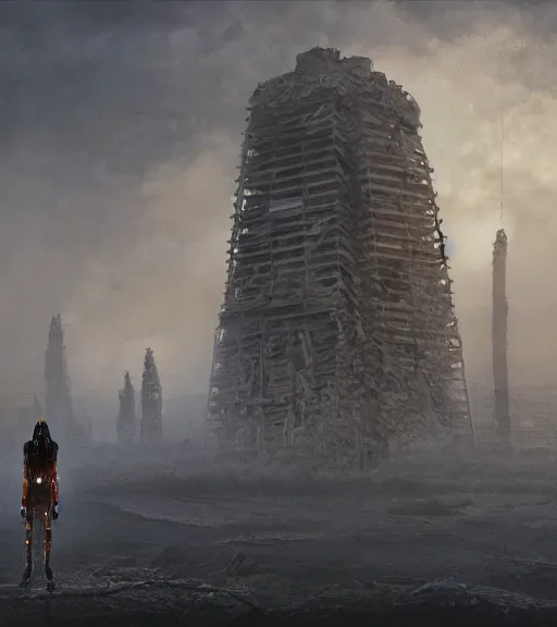 Image similar to tarkovsky greatest scene stalker movie, the ancient destroyed majestic tower of babylon, woman in a futuristic cyber clothing, transparent puffer jacket, hyperrealistic, blockchain, cyber world, ambient lighting, concept art, intricate sky, hyper - detailed, smooth, dynamic volumetric lighting, octane, ray trace, cinematic, high quality, cgsociety