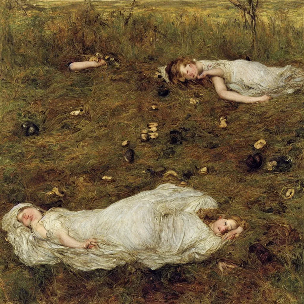 Image similar to pretty sleeping woman with mushrooms as camouflage, by john everett millais