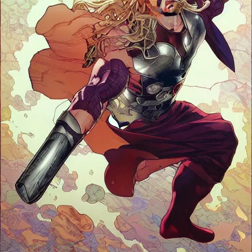 Image similar to thor perfect coloring, low saturation, epic composition, masterpiece, bold complimentary colors. stunning masterfully illustrated by artgerm, range murata, alphonse mucha, katsuhiro otomo