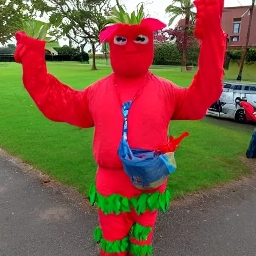 Image similar to dole man in strawberry costume