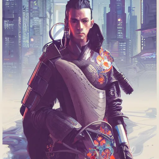 Image similar to cyberpunk samurai ,with techware , D&D, intricate, elegant, highly detailed, digital painting, japanese , altered carbon style,trending on artstation, concept art, illustration, art by Artgerm and Greg Rutkowski and Alphonse Mucha