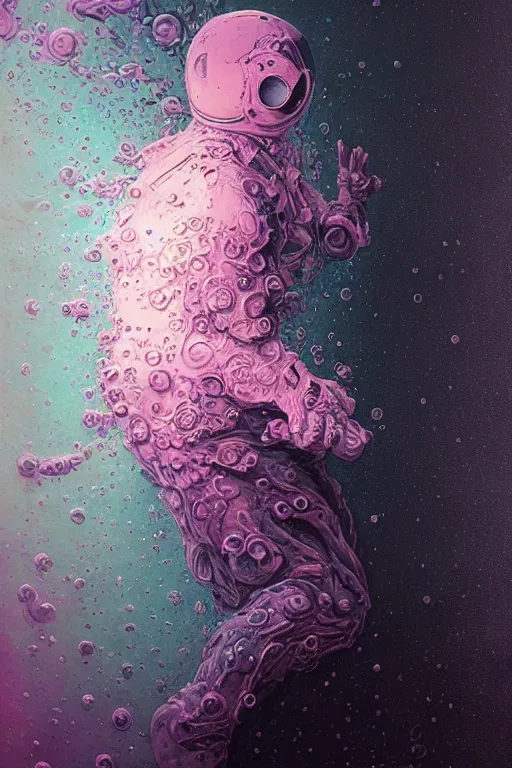 Image similar to close up shot of a full body floating astronaut portrait water elemental fading into water, high contrast, james gurney, peter mohrbacher, mike mignola, black paper, mandelbulb fractal, trending on artstation, exquisite detail perfect, large brush strokes, bold pinks and blues tones, intricate ink illustration, black background