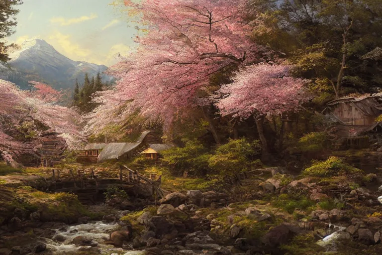 Image similar to A beautiful painting of an improvised wooden village stacked and nestled among cherry blossom trees over a babbling creek, painted by ivan shishkin and arkhip kuindji, trending on artstation, matte painting