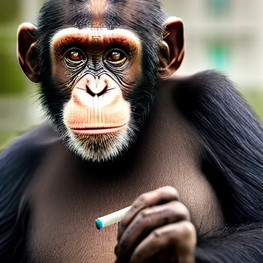 Image similar to a high detail shot of a chimp wearing a suit and smoking