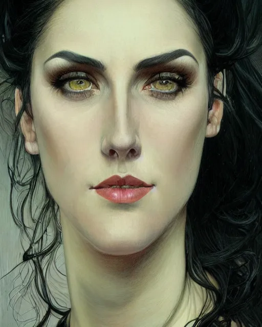 Image similar to portrait of a tall 4 0 - year - old woman with thin lips, long, voluminous black hair, and thick eyebrows, wearing in black clothes, hyper realistic face, beautiful eyes, close up, fantasy art, in the style of greg rutkowski, intricate, alphonse mucha, hyper detailed, smooth