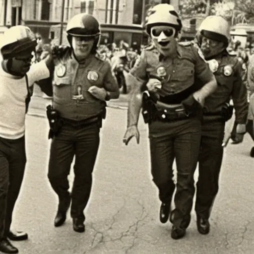 Image similar to Photograph of the Crazy Frog being arrested in a 1970s protest