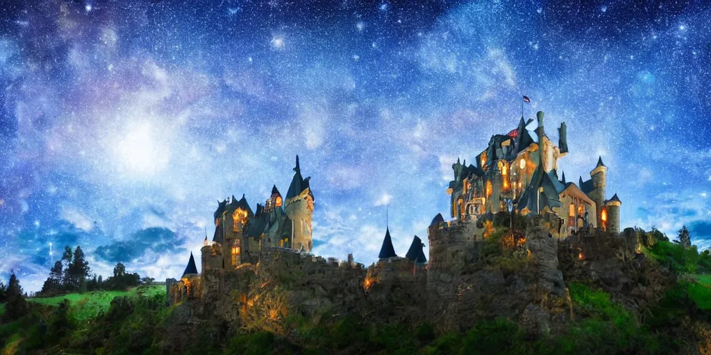 Prompt: A sunlit castle of dreams surrounded by rolling hills under a night sky filled with shooting stars