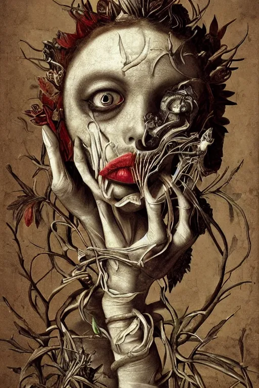 Image similar to Detailed maximalist portrait a with large lips and with large eyes, exasperated expression, botanical skeletal with extra flesh, HD mixed media, 3D collage, highly detailed and intricate, surreal illustration in the style of Caravaggio, dark art, baroque