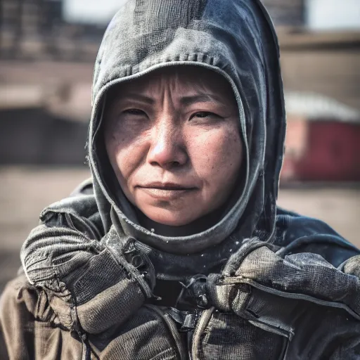 Image similar to photographic portrait of a poor techwear woman holding back tears, a futuristic shanty town burns in the background, closeup, sigma 85mm f/1.4, 4k, depth of field, high resolution, 4k, 8k, hd, full color