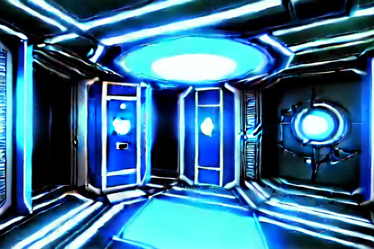 Image similar to futuristic tardis interior stylized like portal 2