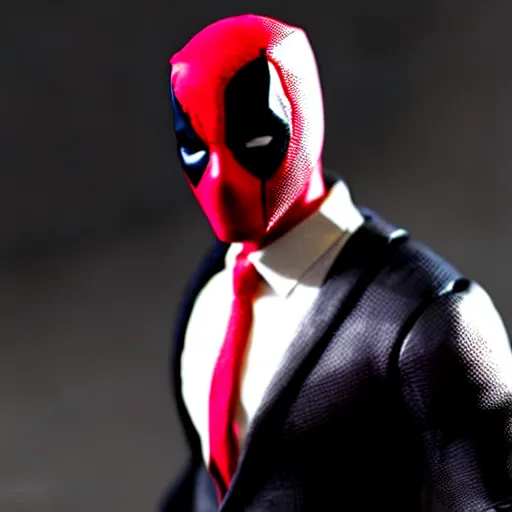 Image similar to realistic plastic figure of deadpool, wearing shirt and red tie, suit jacket, only head and chest, intricate, desaturated, trending on artstation, cinematic composition, dramatic pose, volumetric lighting, sharp, details, hyper - detailed, hd, 4 k, 8 k