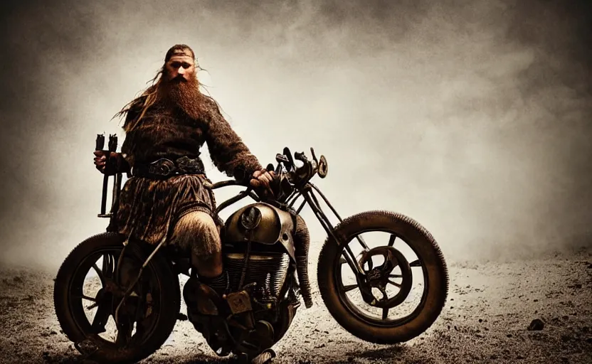 Image similar to old vintage full body photo of ancient viking warrior with full beard riding on the complex steam punk engine with one wheel, extreme sports photography ,super high speed photography, dynamic photography,symmetrical face, clean face, muscular body, high speed,dirt and grawel in air, lens flares, dust partiles in the air, dramatic lighting, intricate, highly detailed, centered, smooth, sharp focus, sports photography, old photo, black and white, sepia, cinematic lighting, cinematic angle, national geographic