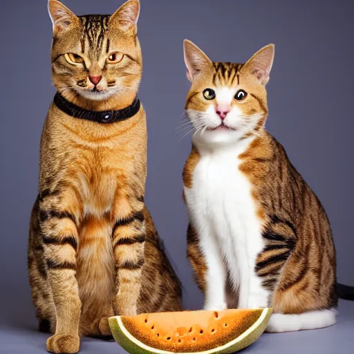 Prompt: cats posing next to cantaloupe by elke vogelsang, artstation, textured, hdr