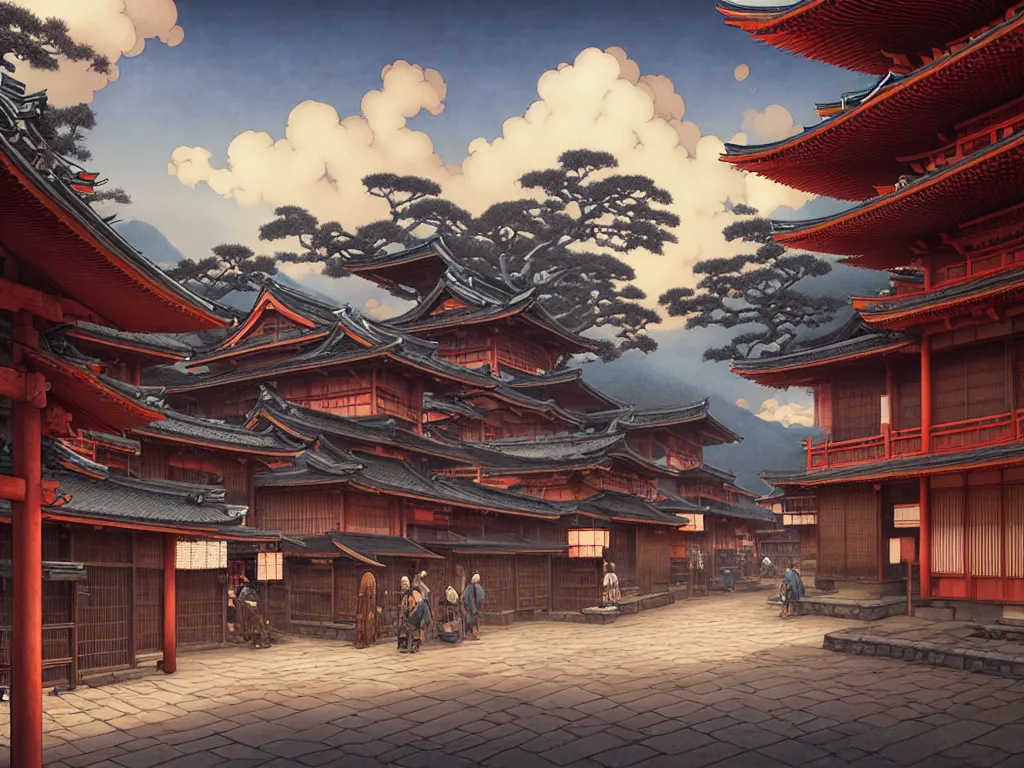 Image similar to old japanese town viewed from harbor, d & d digital painting, intricate details, ultra realistic, beautiful, volumetric lighting, warm colors advance, cell shading, by james jean, greg rutkowski, gerald brom, wlop