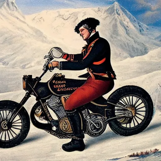 Image similar to Napoleon Crossing the Alps on a Harley Davidson