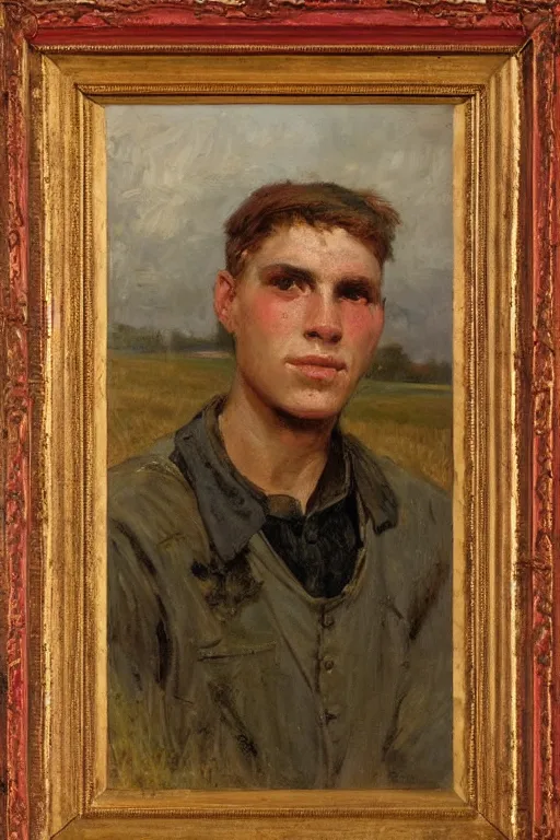 Image similar to Solomon Joseph Solomon and Richard Schmid and Jeremy Lipking victorian genre painting full length portrait painting of a young peasant farmer working in the field, red background
