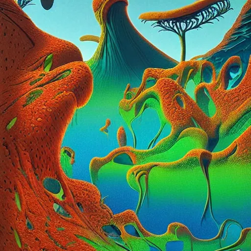 Prompt: striking colours vivid gaps holes neonothopanus creatures landscape art by roger dean, valley jagged arches, reflections, art by michael whelan, liquidart organic textures, seedpods, art by kilian eng, moebius artwork, futuristic by roger dean hires 8 k detailed natural textures