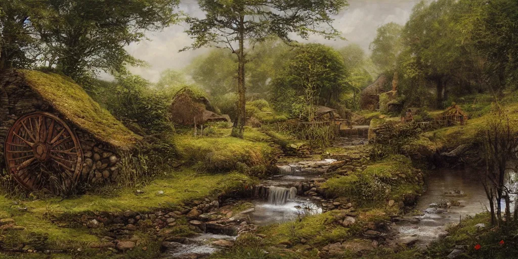 Prompt: a small serene fantasy village on the edge of the woods, small stream, water wheel, by alan lee, lord of the rings, smooth, detailed terrain, oil painting, matte painting, concept art, trending on artstation